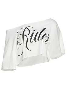 Women's Letter Print Crop Tops Off One Shoulder Short Sleeve Loose Fit T-Shirts Streetwear - 白色 - 查看 7