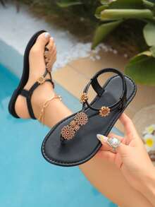 2026 New Women's Bohemian Beaded Thong Sandals, Vintage Black Flat Roman Sandals - Black - View 1