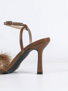 女士夏季高跟凉鞋，摩卡棕色优雅性感时尚露趾高跟凉鞋，纯棕色高跟凉鞋，方头细跟高跟凉鞋，新娘婚礼猫跟鞋，浅棕色凉鞋，女士棕色毛绒装饰搭扣凉鞋，修身显瘦 - 摩卡棕 - 查看 9