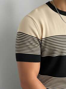 GRDR Áo thun nam tay ngắn cổ tròn phối màu sọc, dáng ôm, thời trang thường ngày, đa năng, thích hợp mặc hàng ngày. - Màu be - Xem 5