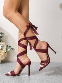 女士新款夏季高跟系带凉鞋，尖头罗马款式，百搭时尚性感派对细高跟鞋 - 酒紅色 - 查看 6