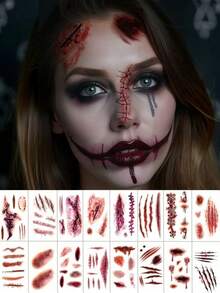16 Sheets Zombie Tattoos Waterproof Realistic Stitches Wound Temp Sticker With Scratch Fake Blood Wounds Bite Mark For Costume Prank Cosplay Makeup Karneval Fasching Rave Festival Party - Multicolor - View 10