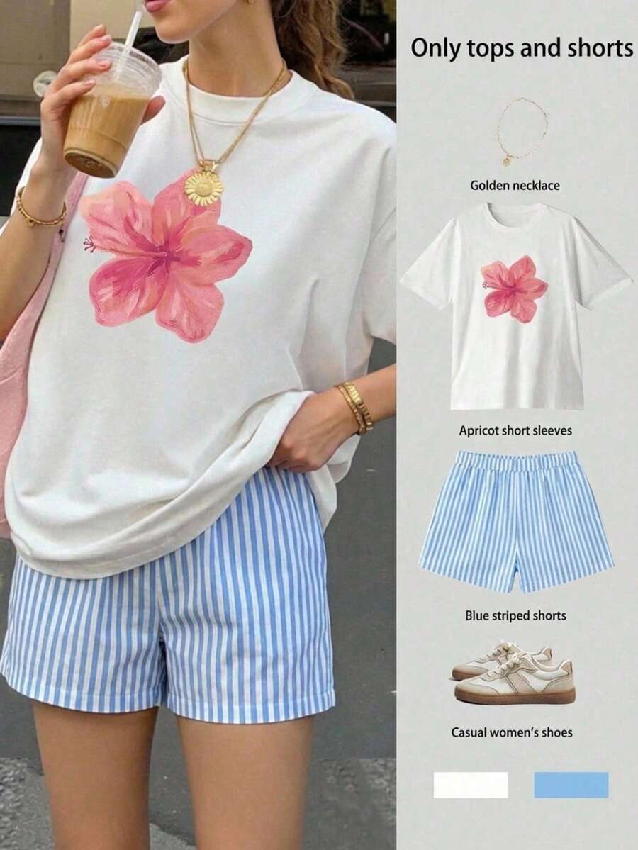 2pcs Conjunto dos piezas de ropa de mujer de verano  parte superior estampado FLOR ROSA cortada manga corta y shorts a rayas ajustables, ropa de ocio y vacaciones de playa - Azul - Ver 1