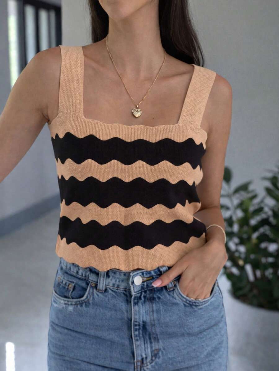TOP SQUARE WAVES SUMMER KNIT MODAL NEW COLLECTION - 撒哈拉米色配黑色 - 查看 1