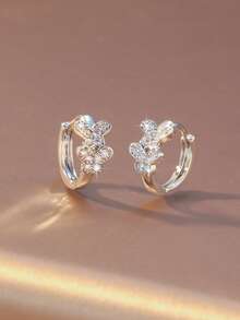 一对蝴蝶造型全镶锆石耳环，金/银色耳环圈+双蝴蝶锆石缠绕设计，法式柔美可爱日常风，适合下午茶、通勤、情侣约会等场合，独特甜美元素点亮耳环 - 蝴蝶型 - 查看 3