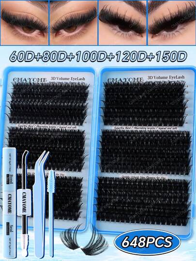 CMAYOME 720/684/648 Juegos de kits de pegamento para pestañas esponjosas, kits de extensión de pestañas tipo engrosamiento, kits de pestañas independientes 3D, kits de pestañas artificiales de lana de montaña. Diámetro de rizado de pestañas: 8-16 milímetros