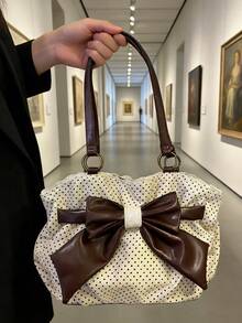 Retro Polka Dot Large Capacity Bow Lace Commuter Casual Tote Bag, Sweet & Versatile, Unique Korean/Japanese Design - Multicolor - View 2