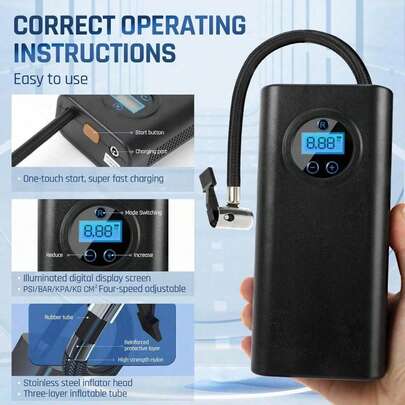 Portable Tire Inflator Pump With Digital Pressure Gauge, 150 PSI, With LED Light, Suitable For Cars, Motorcycles, E-Bikes And Bicycles, Portable Tire Pump, Car Tire Inflator, Emergency Auto Tool, Vehicle Maintenance, 7.4V 1500mAh