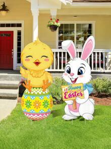 2pcs Easter Garden Decor Cute Rabbit And Chick Outdoor Lawn Stake, Perfect For Spring Party Supplies, Large Happy Bunny Decoration, Garden Yard Lawn Decor - Multicolor - View 5