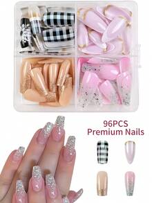96片/套，4款黑白格纹花卉图案美甲贴纸，闪亮法式假指甲，亚克力美甲贴纸，包含4片果冻胶和4把指甲锉，适合派对、活动和日常佩戴。女士和女孩适用。包含美甲工具。绝佳的礼物之选。可塑形美甲套装 - 彩色 - 查看 8