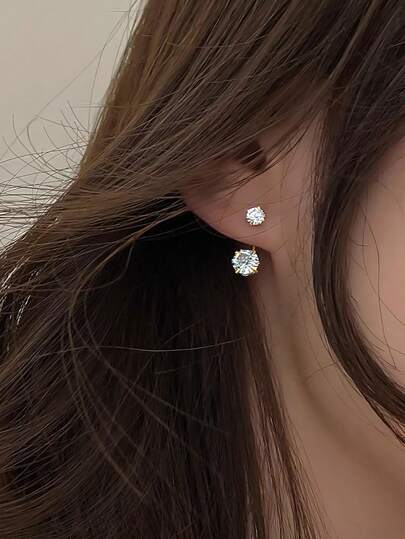 1 Pair S925 Sterling Silver Double Diamond Zirconia Round Stud Earrings, Elegant & Versatile Earrings Gift For Women