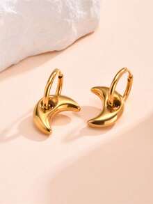 1 Pair Stainless Steel Waterproof Non-Fading Vintage Gold Moon Hoop Earrings, Suitable For Women's Daily Wear - Gold - View 4
