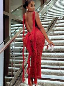Sexy Streamer Big Halter Lace Summer Women's Dress Valentine Outfits For Women  Gras - 紅色 - 查看 1