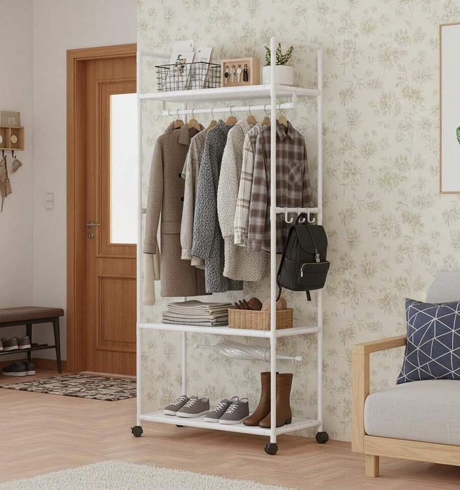 おしゃれ ハンガーラック 収納付き 洋服収納ラック キャスター付き 挂衣架立式 フック6個付き 服掛け 棚付き スリム コンパクト 衣帽架 服収納ハンガー 多機能 clothes rack コート掛け 【メタ鋼管 頑丈 耐荷重30kg】【幅60cm 奥行き36cm 高さ173cm 】【大容量】【組立簡単 】【倒れない 】リビングルーム/寝室/ベランダ - ホワイト - チェックする 1