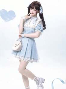 Women Midi Dresses - Váy xanh + quần bảo hộ + nơ - Xem 3