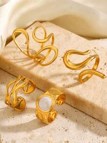 4pcs 18K Gold Plated Stainless Steel Elegant Minimalist Geometric Oval Ring Set, Suitable For Women Everyday, Holiday, Outing, Dating - Multicolor - View 3