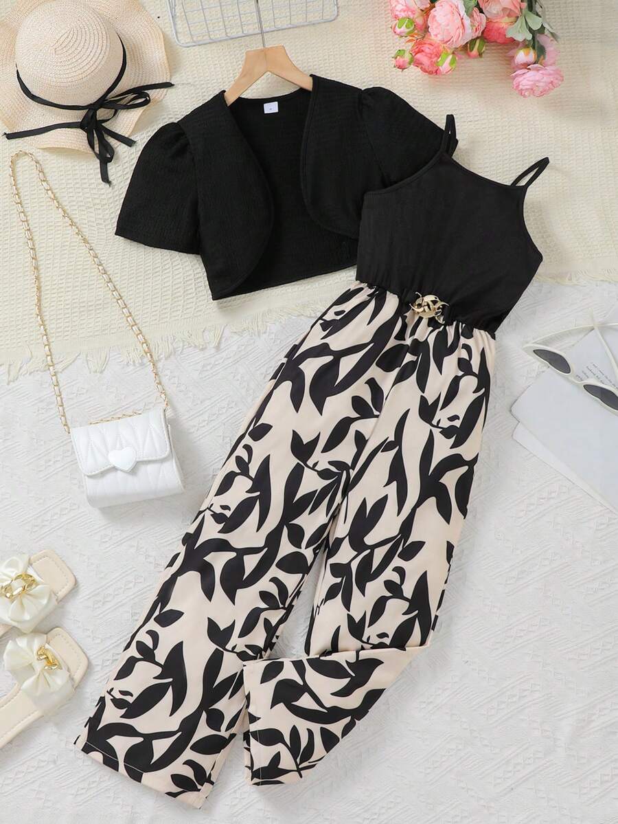 Purechapter 2pcs Girls Splice Contrast Color Jumpsuit With Metal Buckle Decor, Paired With Black Short Sleeve Cardigan, Suitable For Casual, Outdoor Activities - Black - View 1