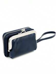 1PC Women's Short PU Leather Wallet Zipper Snap Multi-Functional Large Capacity Coin Purse & Card Holder Lightweight, Fashionable, Modern Business Zipper Credit Card Case Business Casual Teacher's Day Gift Anniversary Birthday Present Women's White-Collar High-Quality Leather Wallet & Compact Purse - Navy Blue - View 8
