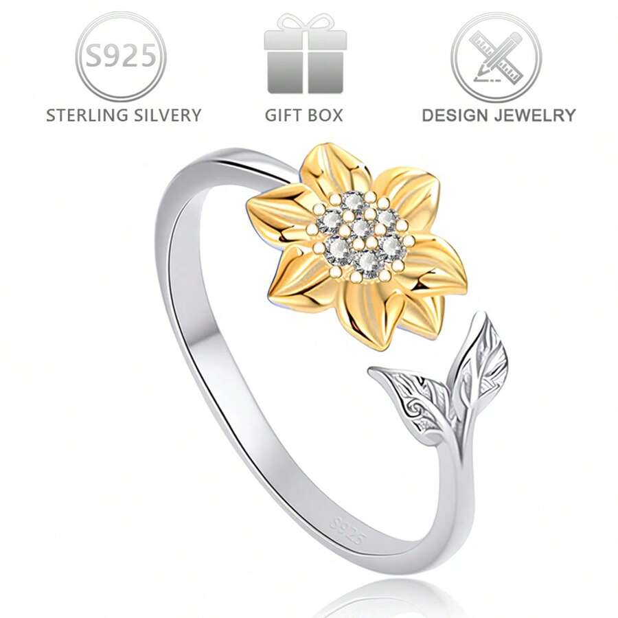 1 chiếc nhẫn bạc 925 đơn giản, thanh lịch, đính đá Cubic Zirconia hình hoa cúc hai màu, thích hợp đeo hàng ngày, đi chơi, dự tiệc hoặc làm quà sinh nhật. - Nhiều màu - Xem 1