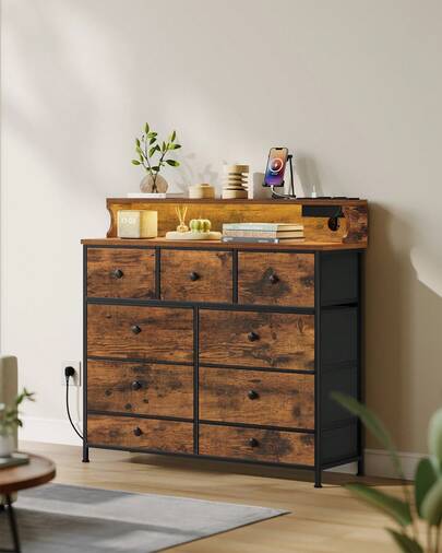 HEXCELEN Cómoda de 100 cm, 2 tomas USB y 2 tomas AC, cómoda con 9 cajones, tira de luz LED, mueble de almacenaje versátil para salón y dormitorio, 30 x 100 x 95 cm, vintage