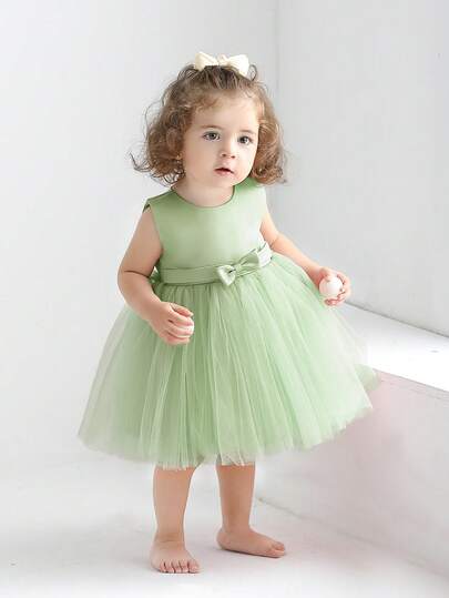 Baby Girls 0-2 Years Green Patchwork Tulle Puff Dress, Butterfly Decor Party Dress For Birthday, Wedding, Anniversary