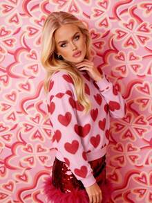 LOVE JOYY Women Crew Neck Long Sleeve Pullover Sweatshirt, Casual & Fashionable, Cute Heart Print, Ideal For Valentine's Day Party And Date, Pink Top