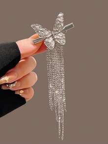 Shiny Butterfly Metallic Tassel Barrette, Korean Minimalist Style Bangs Clip Side Hair Clip Accessories - Multicolor - View 12