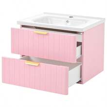 Wall-Hung Vanity Unit With One Basin And Double Storage, Made Of Water-Resistant MDF, Stain-Resistant Ceramic Basin, Melamine Surface Without Lacquer, Space-Saving, Pink