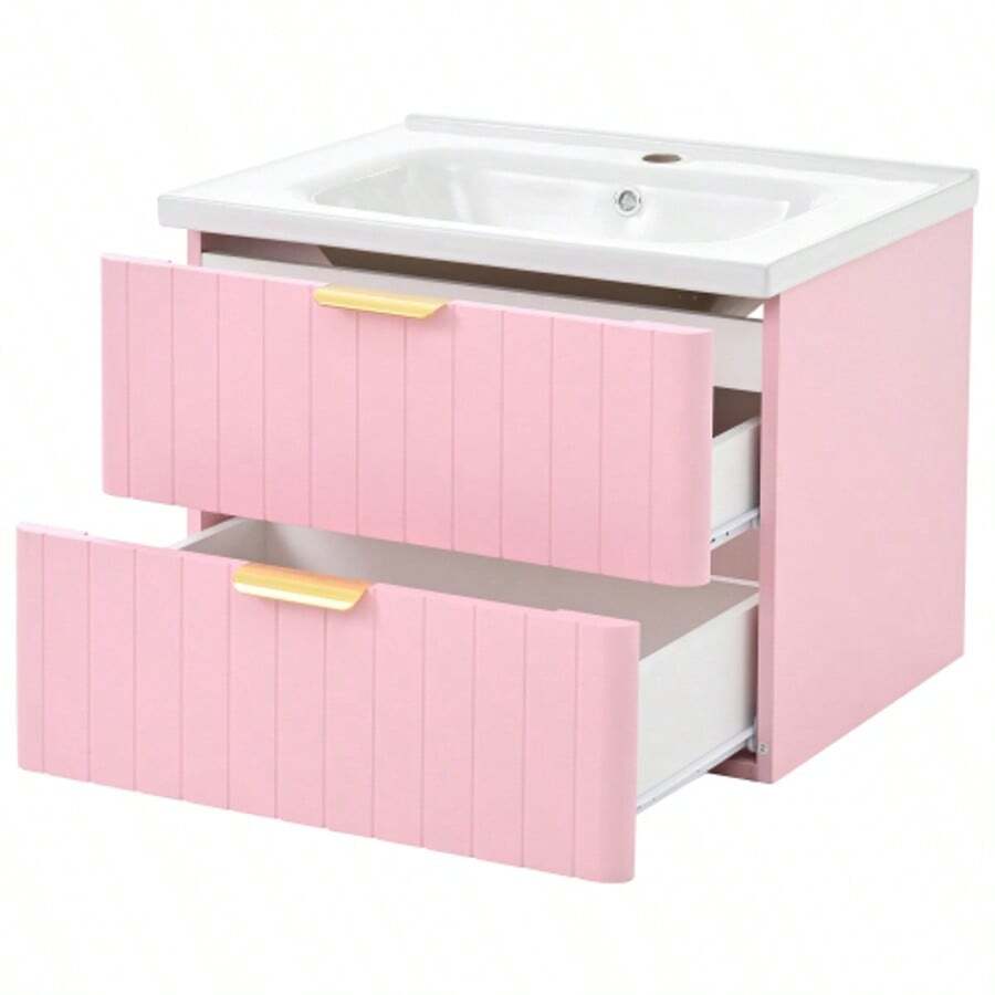 Wall-Hung Vanity Unit With One Basin And Double Storage, Made Of Water-Resistant MDF, Stain-Resistant Ceramic Basin, Melamine Surface Without Lacquer, Space-Saving, Pink