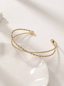 1pc Minimalist Metal Wire Woven Cross Cuff Bracelet For Women, Gold/Silver - Gold - View 2