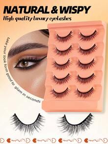 5对6D蓬松假睫毛 - 卷翘浓密，打造丰盈眼妆，手工制作，可重复使用，短款自然睫毛 - 黑色 - 查看 5