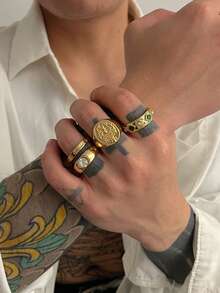 4pcs/Set Casual Minimalist Geometric Liquid Teardrop Metal Ring Set, Fashionable Punk Charm Jewelry For Men - 4-piece Ring Set - View 3