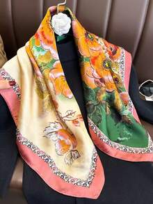 1条女士印花丝滑缎面27.5英寸方巾，新款春秋时尚围巾，欧美ins风发带，适合旅行、度假、街头休闲穿搭，可作头巾、发带、围巾使用。 - 珊瑚橙 - 查看 3