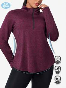 Blusa de manga larga con cremallera de cuarto para mujer de talla grande - Rojo - Ver 2