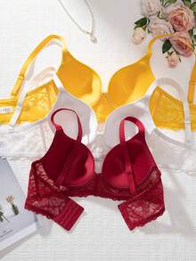 3pcs/Set Women's Full Coverage Elegant Floral Lace Underwire Push-Up Bra - Multicolor - View 3