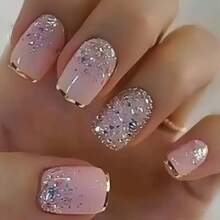 24片优雅精美可拆卸方形粉色闪光法式极简美甲贴纸 美甲用品 - 彩色 - 查看 1