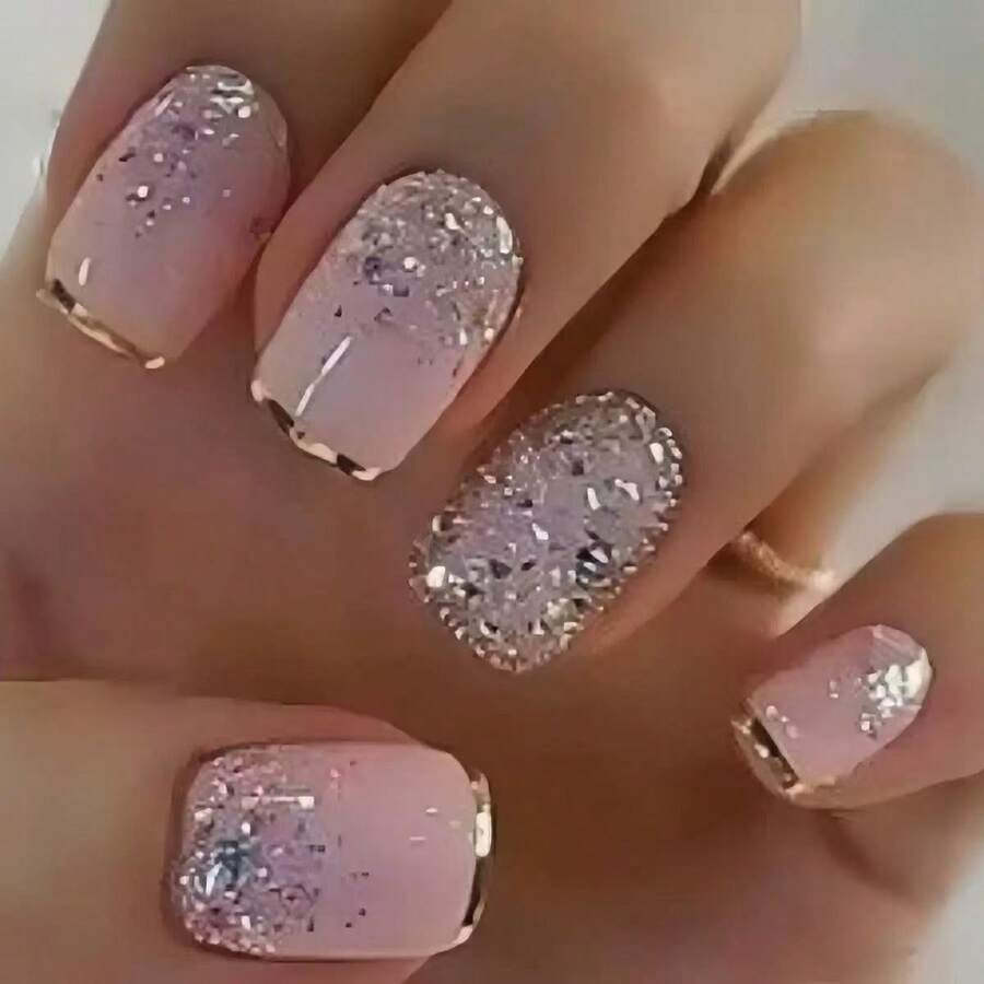 24片优雅精美可拆卸方形粉色闪光法式极简美甲贴纸 美甲用品 - 彩色 - 查看 1