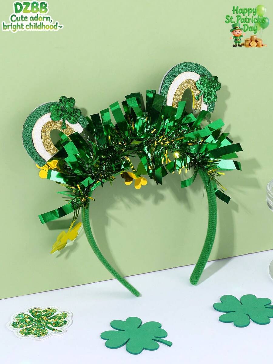 1pc St. Patrick's Day Green Glitter Oxalis Corniculata L. Hair Band,Clover Headband,Cute Hair Accessories For Girls Teens Best Friend Festival Party Gifts