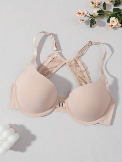 Áo ngực ren không gọng màu mơ, cài trước, nâng đỡ tốt, có dây đeo điều chỉnh được, thoải mái khi mặc hàng ngày, kiểu dáng thể thao.