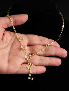 1pc Personalized Nameplate Necklace, Can Customize 1-12 Letter Name, Standard Y-Shape Nameplate Necklace, Enhance Personal Style Jewelry Gift, Gold-Plated Name Necklace - Hollow Font - View 6