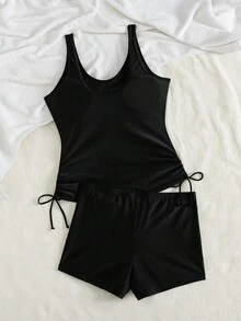 Tropical Print Side Drawstring Belly Covering Tankini Set, For Summer Beach Vacation - Multicolor - View 7