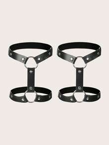 1双女士黑色双层铆钉圆环腿套，新款欧美时尚朋克风夜店性感腿部装饰吊袜带 - A - 查看 2