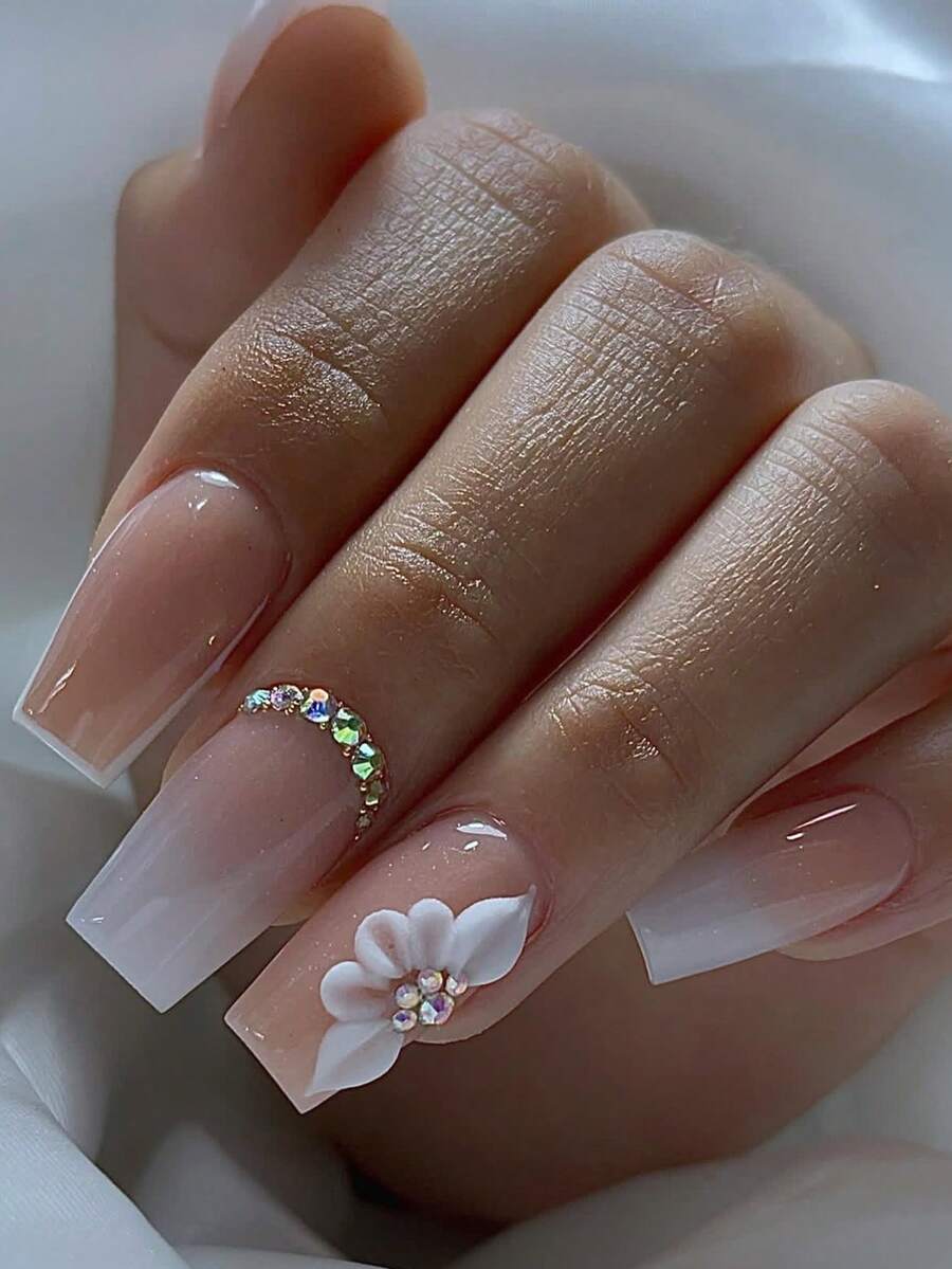 24pcs Y2k Style Nails Medium Square Press On Nails White Gradient French Glossy Full Cover Fake Nail Graceful False Nails With Flower And Emerald Gemstones For Women And Girls - Includes Nail File & Jelly Adhesive - Multicolor - View 1