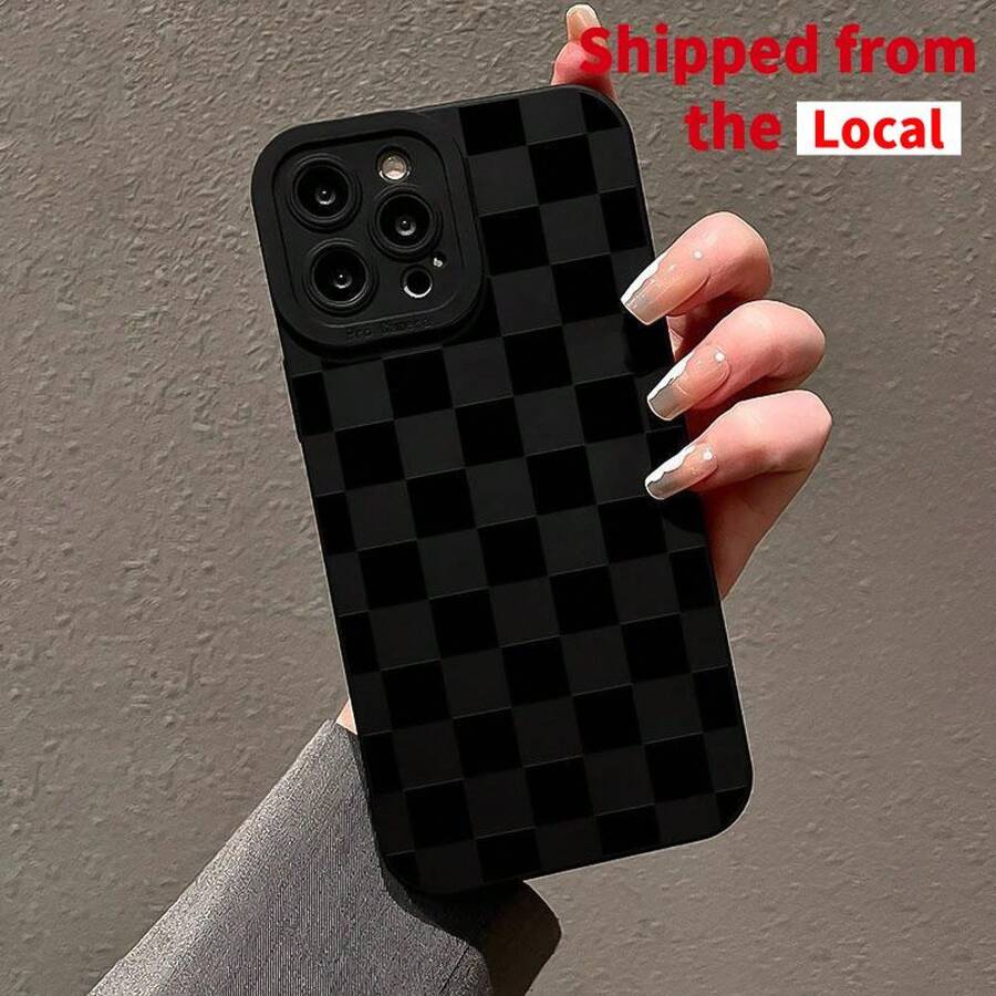 Checkered Pattern Phone Case, Shockproof Protective Cover, Phone Accessory Compatible With IPhone 11 12 13 14 15 Pro Max - Black - View 1
