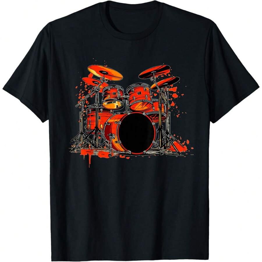 180GSM Pure Cotton Printed T Shirt Cool Drums For Drummer And Rock Band Lovers Design Breathable Cotton Fabric Comfortable And Soft Knit Texture Durable And Easy To Clean Machine Washable Perfect For Musicians Stylish - 黑色 - 查看 1