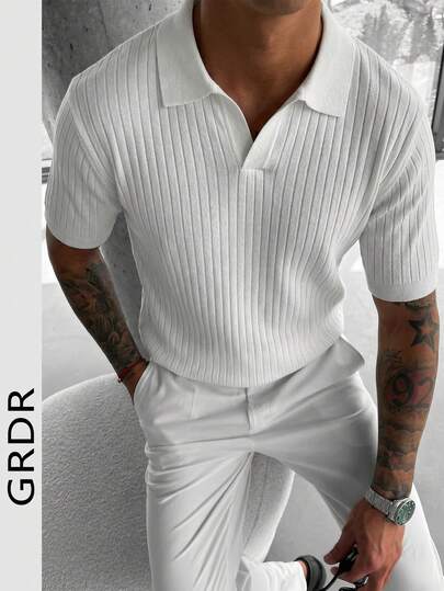 GRDR Polo tricoté d'été pour hommes, col tricoté à manches courtes de couleur unie, convient pour les sorties estivales, essentiel pour une tenue à la mode