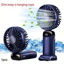 1个带手机支架和挂绳的手持风扇，小巧便携，可作桌面风扇，USB充电电池供电，LED显示屏，5档风速，90°可调节，强劲凉爽气流，静音设计，适合户外旅行、室内办公、车载使用，可折叠，是母亲节、父亲节、毕业典礼、生日、夏威夷主题派对的绝佳礼物