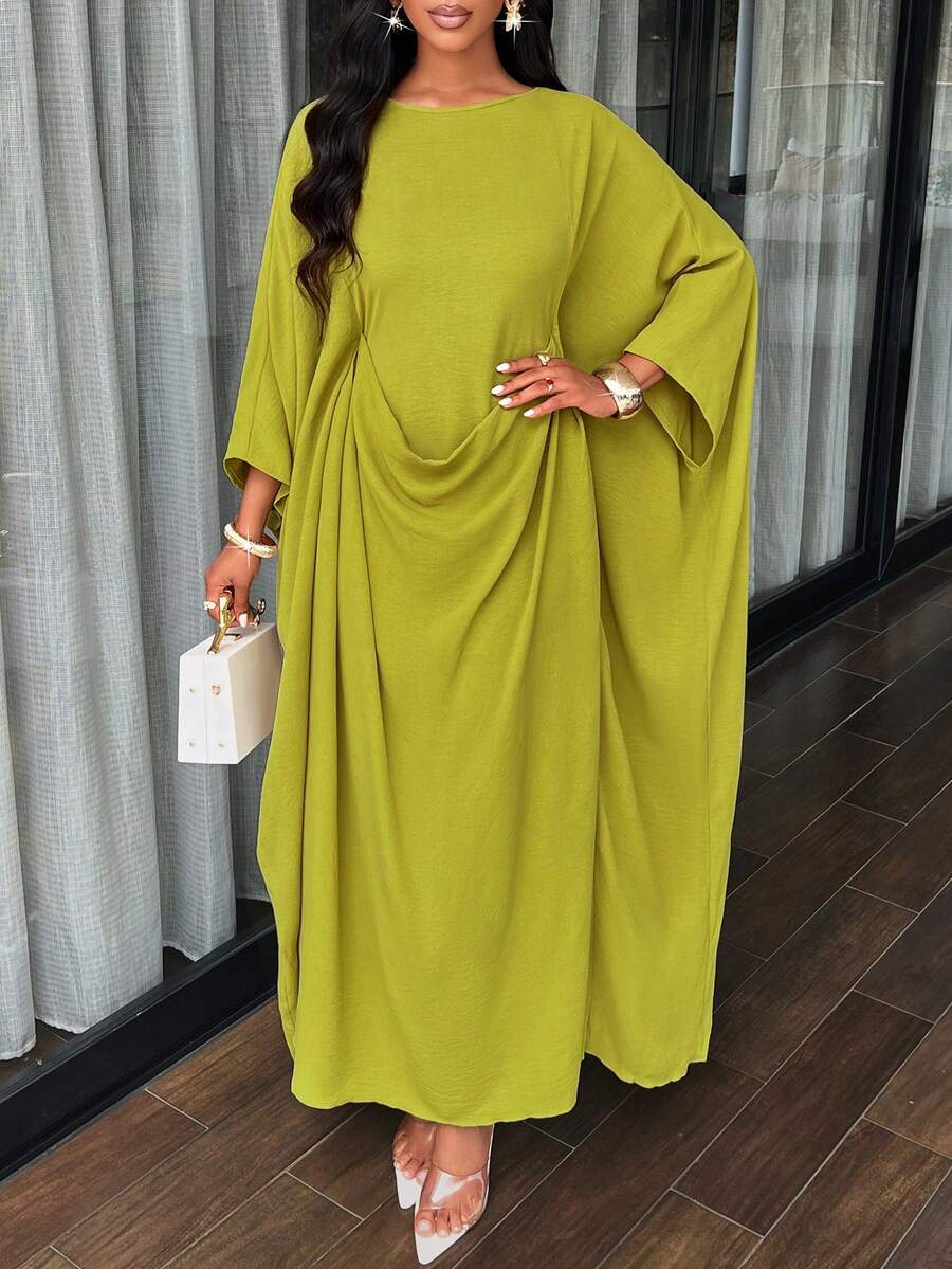 AIJ Amarilo Women's Elegant Dress - Layered Design, Adjustable Waist Belt And Batwing Sleeves, Suitable For Parties, Gatherings And Everyday Wear - Green - View 1