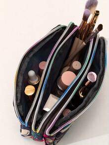 1个时尚印花大容量女士手拿包，带3层拉链隔层和可拆卸腕带 - 耐用印花尼龙材质，适合旅行、日常使用，可装手机、化妆刷、口红、美容工具、化妆品旅行包、拉链零钱包、多功能卡包，女士日常手提包，满足您的外出和日常需求。 - 彩色 - 查看 7