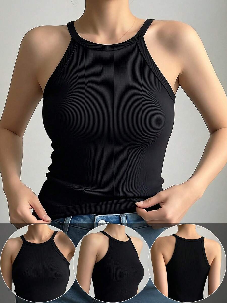 1pc Women's Basic Camisole Top, Casual Comfortable Spaghetti Strap Sleeveless Vest, Slim Fit Ribbed Seamless Cami - Black - View 1